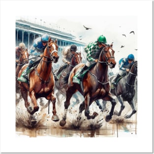 Artistic illustration of horses and jockeys in a horse race Posters and Art